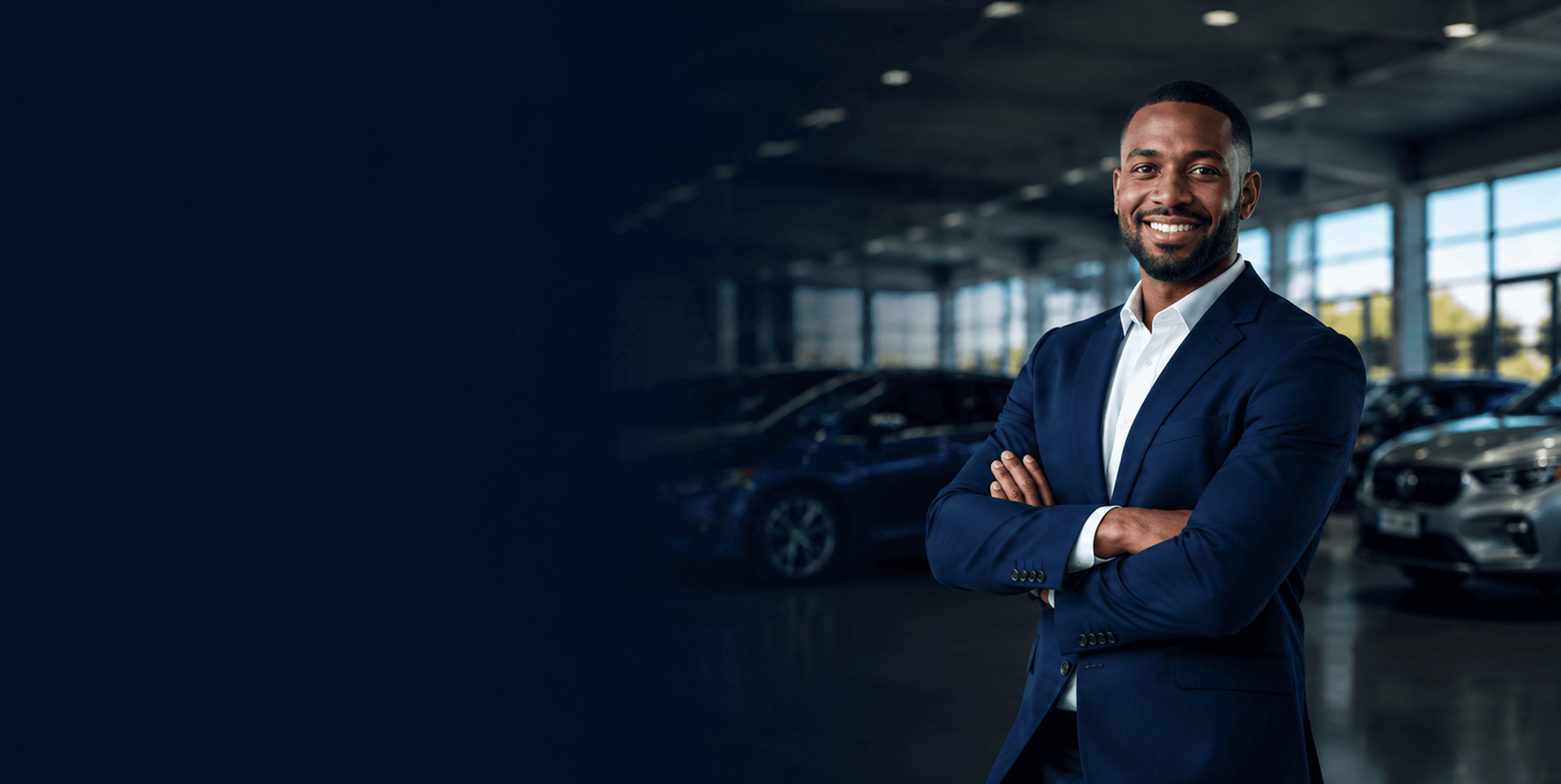A sales professional standing confidently in a modern dealership showroom