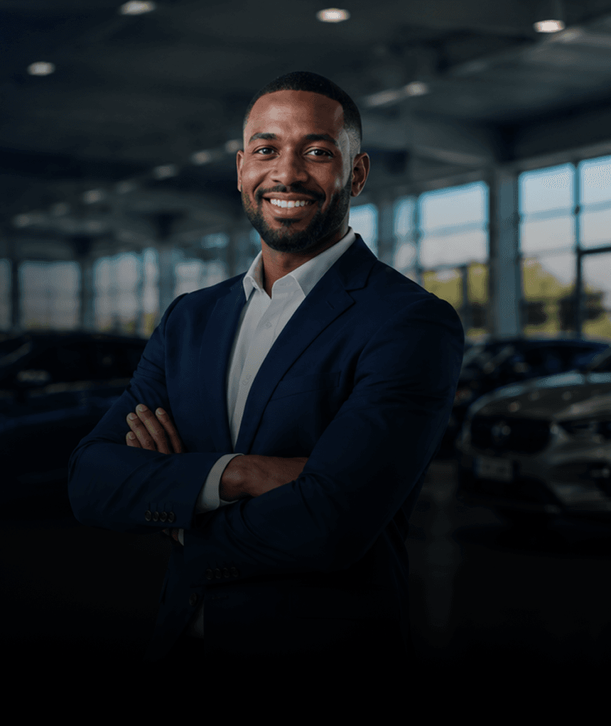 A sales professional standing confidently in a modern dealership showroom