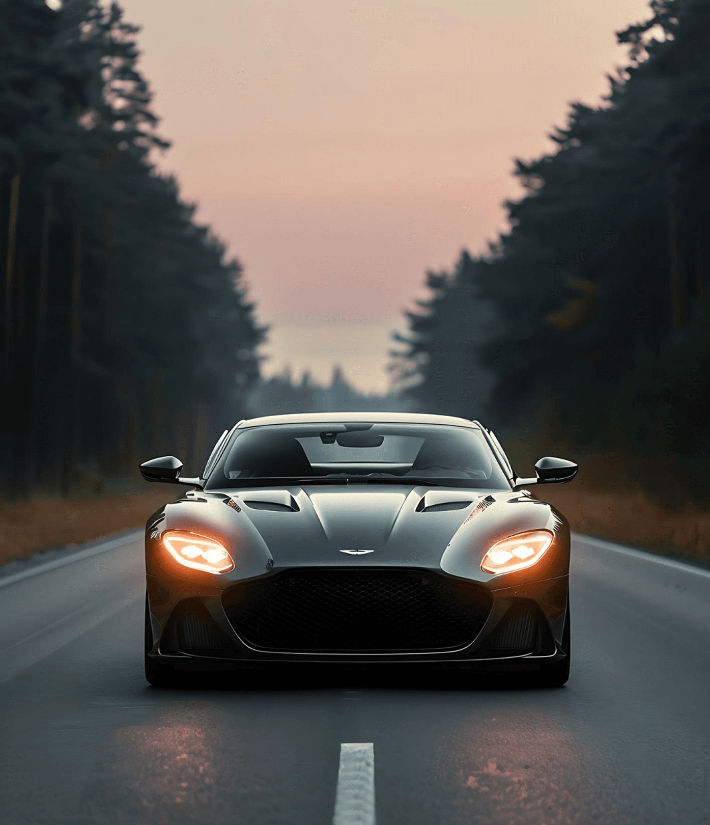An Aston Martin DBS driving down a forest road at dusk